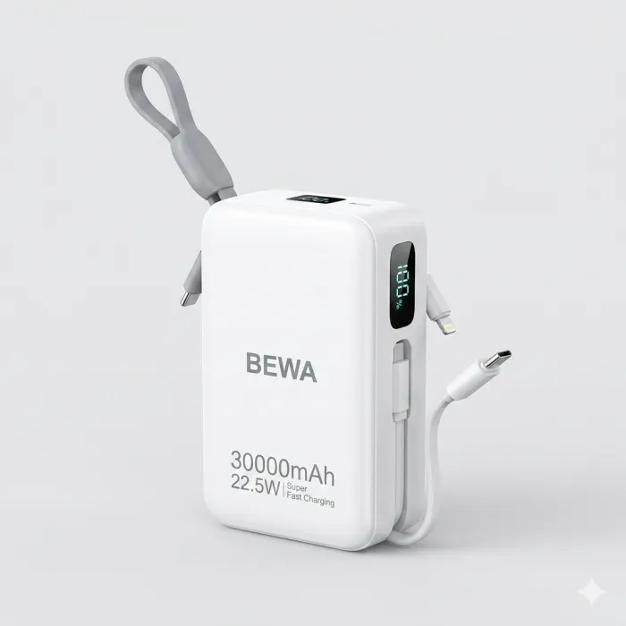 Power Bank BEWA 30 000 mAh (BP-08) | Double Câble Intégré | Lanière de Transport