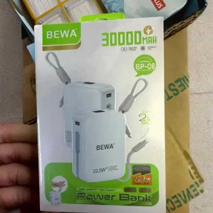 Power Bank BEWA 30 000 mAh (BP-08) | Double Câble Intégré | Lanière de Transport