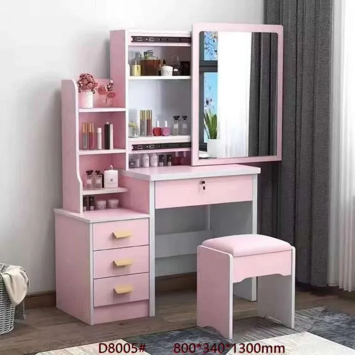 Coiffeuse Moderne Miroir Grand Rangement 4 Tiroirs Tabouret Rembourré Ref D8005