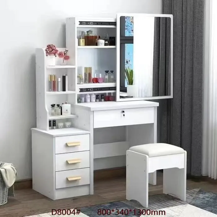 Coiffeuse Moderne Miroir Grand Rangement 4 Tiroirs Tabouret Rembourré Ref D8005