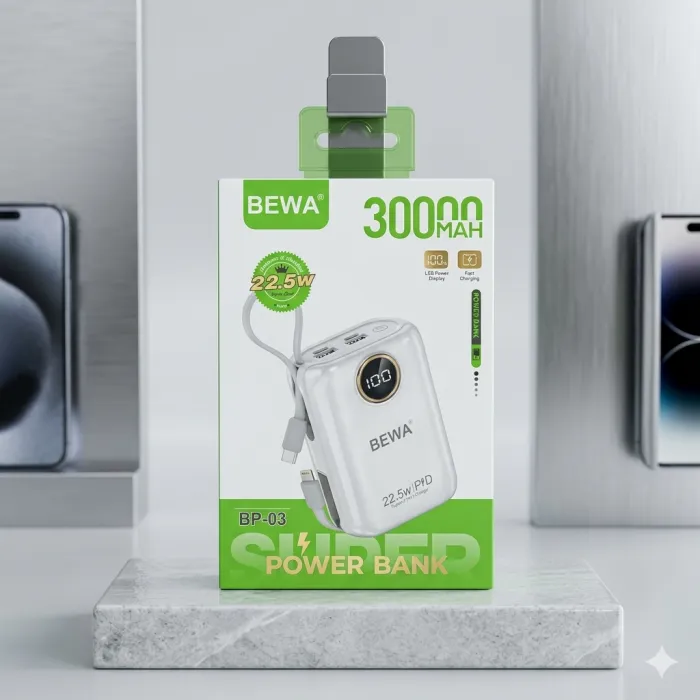 Power Bank BEWA 30 000 mAh (BP-03) | Charge Rapide 22.5W PD | 4 Câbles Intégrés | Affichage LED
