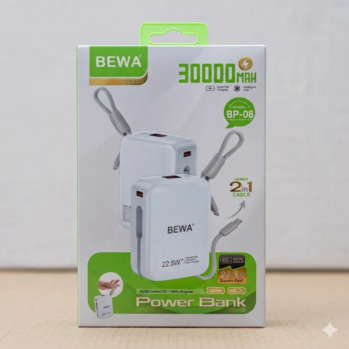 Power Bank BEWA 30 000 mAh (BP-08) | Double Câble Intégré | Lanière de Transport