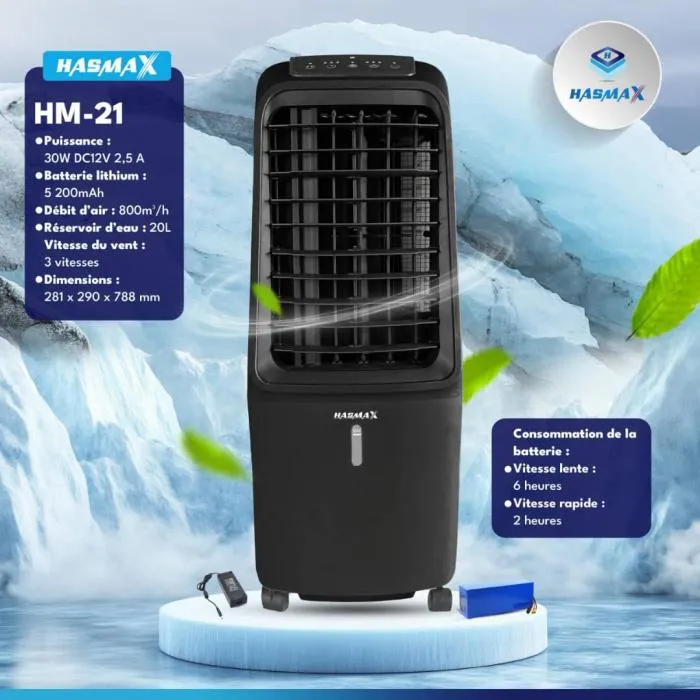 Humidificateur Rafraîchisseur d'air Rechargeable Hasmax HM-21 | Batterie Intégrée | 3 Vitesses | Réservoir d'eau