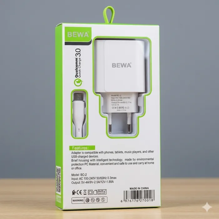 Chargeur Secteur Rapide BEWA Qualcomm QC 3.0 Câble USB Rapide Inclus
