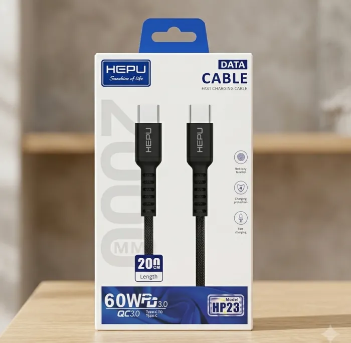 Câble Ultra Rapide 60W Type-C vers Type-C HEPU HP23 QC 3.0 Power Delivery 2 mètres
