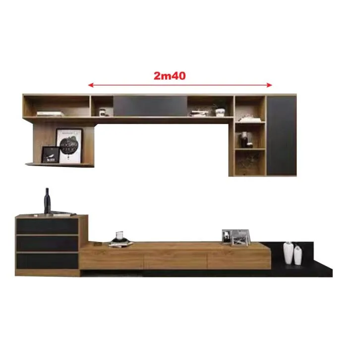 Meuble TV Mural Moderne Noir Bois Banc TV Placard Suspendu Étagères Décoration