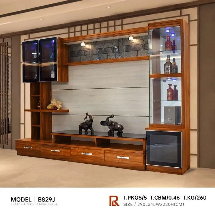 Grande Vitrine Murale Illuminée LED Bois Noble Placards Tiroirs Niche TV Ref BB29J
